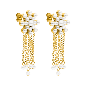 Goldene Ohrringe mit weißen Perlen und Ketten, elegant und feminin – PURELEI.