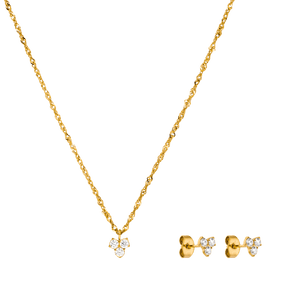 Goldene Kette mit blütenförmigem Anhänger und passenden Ohrringen von PURELEI.